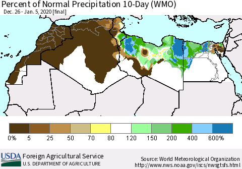 North Africa Percent of Normal Precipitation 10-Day (WMO) Thematic Map For 12/26/2019 - 1/5/2020