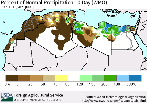 North Africa Percent of Normal Precipitation 10-Day (WMO) Thematic Map For 1/1/2020 - 1/10/2020