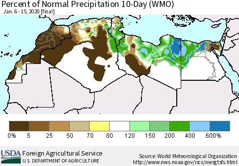 North Africa Percent of Normal Precipitation 10-Day (WMO) Thematic Map For 1/6/2020 - 1/15/2020