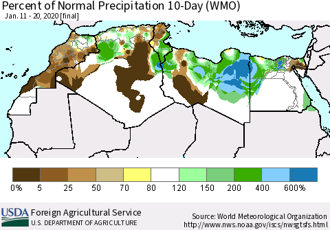 North Africa Percent of Normal Precipitation 10-Day (WMO) Thematic Map For 1/11/2020 - 1/20/2020