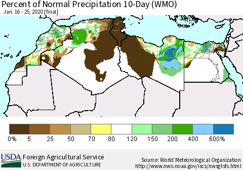 North Africa Percent of Normal Precipitation 10-Day (WMO) Thematic Map For 1/16/2020 - 1/25/2020