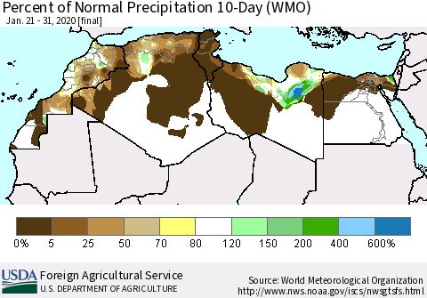 North Africa Percent of Normal Precipitation 10-Day (WMO) Thematic Map For 1/21/2020 - 1/31/2020