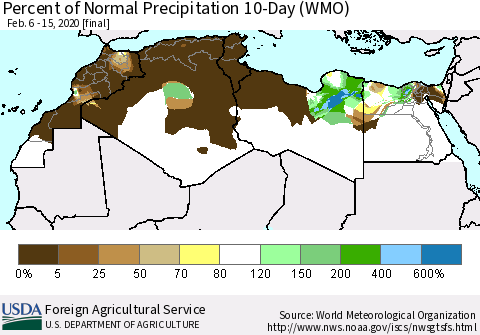 North Africa Percent of Normal Precipitation 10-Day (WMO) Thematic Map For 2/6/2020 - 2/15/2020