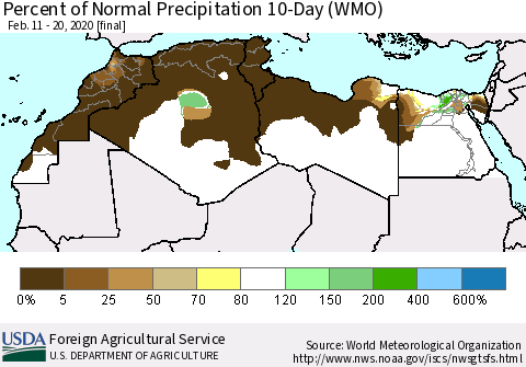 North Africa Percent of Normal Precipitation 10-Day (WMO) Thematic Map For 2/11/2020 - 2/20/2020