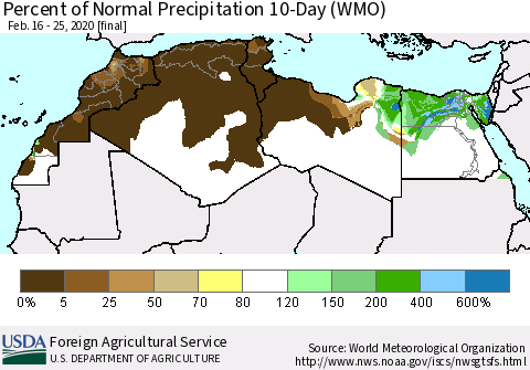 North Africa Percent of Normal Precipitation 10-Day (WMO) Thematic Map For 2/16/2020 - 2/25/2020