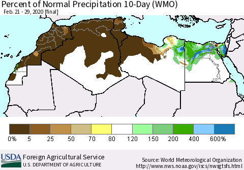 North Africa Percent of Normal Precipitation 10-Day (WMO) Thematic Map For 2/21/2020 - 2/29/2020