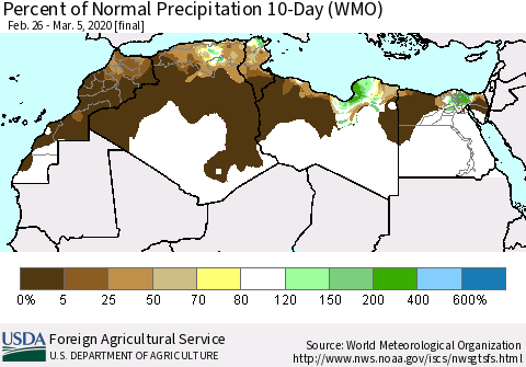 North Africa Percent of Normal Precipitation 10-Day (WMO) Thematic Map For 2/26/2020 - 3/5/2020