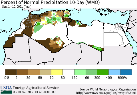 North Africa Percent of Normal Precipitation 10-Day (WMO) Thematic Map For 9/1/2021 - 9/10/2021