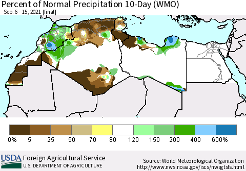 North Africa Percent of Normal Precipitation 10-Day (WMO) Thematic Map For 9/6/2021 - 9/15/2021