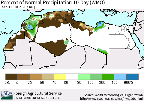 North Africa Percent of Normal Precipitation 10-Day (WMO) Thematic Map For 9/11/2021 - 9/20/2021