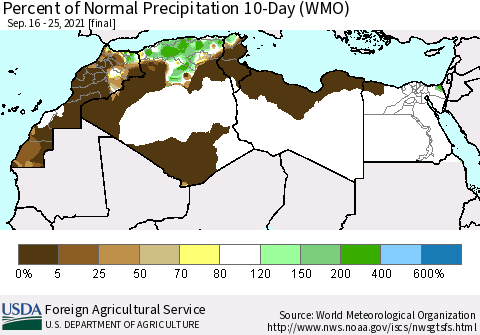 North Africa Percent of Normal Precipitation 10-Day (WMO) Thematic Map For 9/16/2021 - 9/25/2021