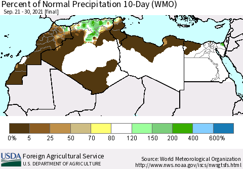 North Africa Percent of Normal Precipitation 10-Day (WMO) Thematic Map For 9/21/2021 - 9/30/2021
