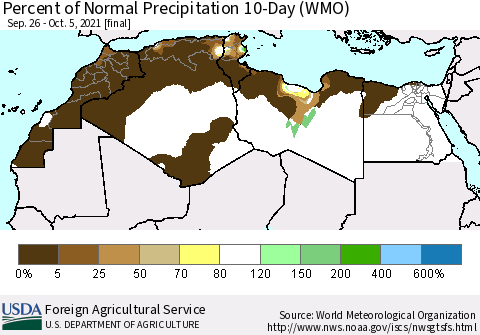 North Africa Percent of Normal Precipitation 10-Day (WMO) Thematic Map For 9/26/2021 - 10/5/2021