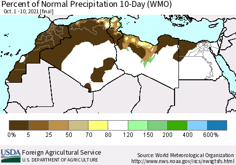 North Africa Percent of Normal Precipitation 10-Day (WMO) Thematic Map For 10/1/2021 - 10/10/2021