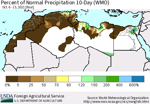 North Africa Percent of Normal Precipitation 10-Day (WMO) Thematic Map For 10/6/2021 - 10/15/2021