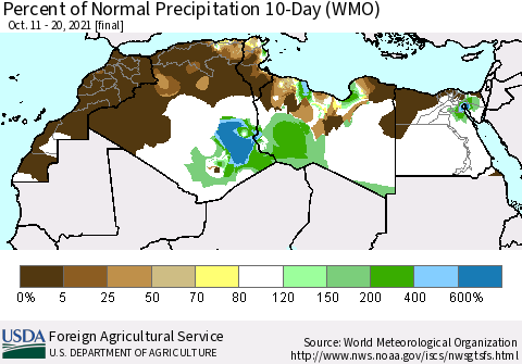 North Africa Percent of Normal Precipitation 10-Day (WMO) Thematic Map For 10/11/2021 - 10/20/2021