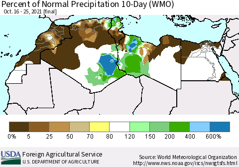 North Africa Percent of Normal Precipitation 10-Day (WMO) Thematic Map For 10/16/2021 - 10/25/2021