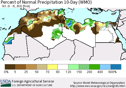 North Africa Percent of Normal Precipitation 10-Day (WMO) Thematic Map For 10/21/2021 - 10/31/2021