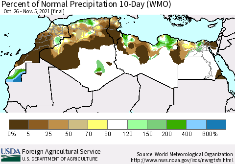 North Africa Percent of Normal Precipitation 10-Day (WMO) Thematic Map For 10/26/2021 - 11/5/2021