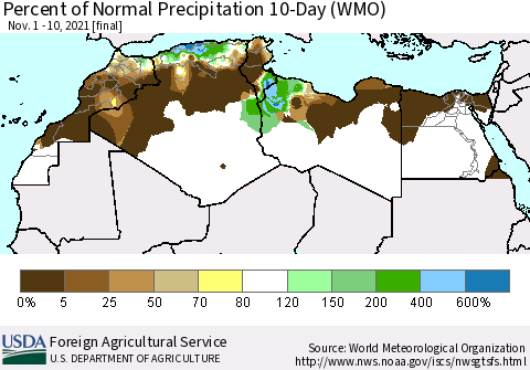 North Africa Percent of Normal Precipitation 10-Day (WMO) Thematic Map For 11/1/2021 - 11/10/2021