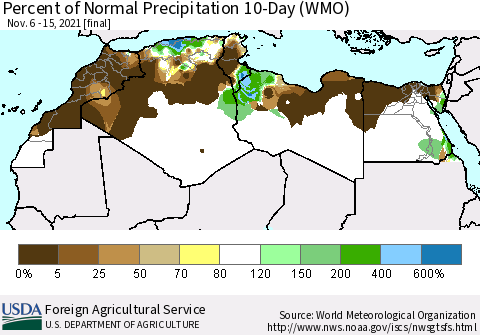 North Africa Percent of Normal Precipitation 10-Day (WMO) Thematic Map For 11/6/2021 - 11/15/2021
