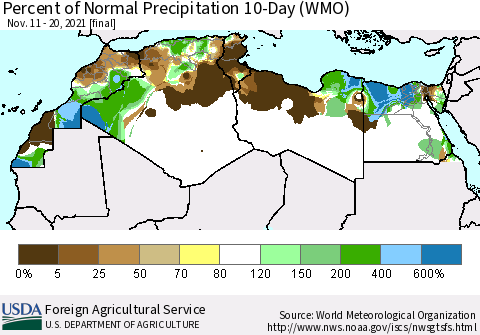 North Africa Percent of Normal Precipitation 10-Day (WMO) Thematic Map For 11/11/2021 - 11/20/2021