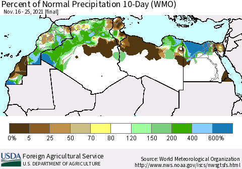 North Africa Percent of Normal Precipitation 10-Day (WMO) Thematic Map For 11/16/2021 - 11/25/2021