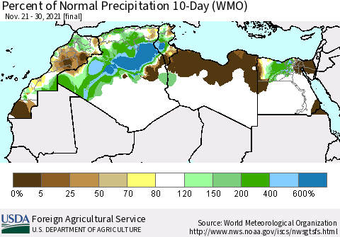 North Africa Percent of Normal Precipitation 10-Day (WMO) Thematic Map For 11/21/2021 - 11/30/2021