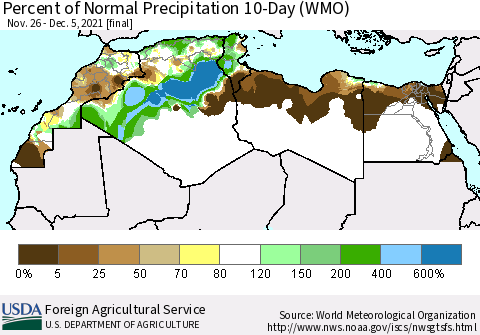 North Africa Percent of Normal Precipitation 10-Day (WMO) Thematic Map For 11/26/2021 - 12/5/2021