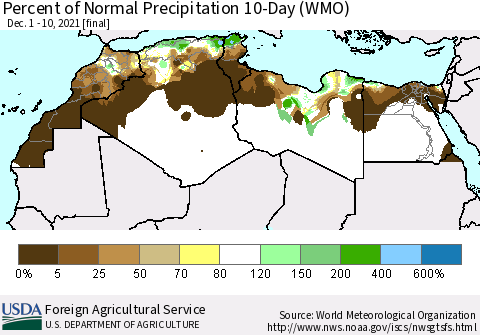 North Africa Percent of Normal Precipitation 10-Day (WMO) Thematic Map For 12/1/2021 - 12/10/2021