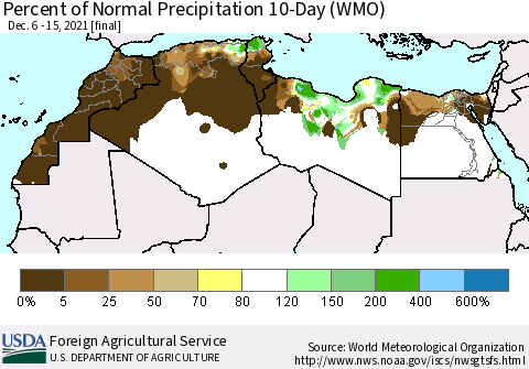 North Africa Percent of Normal Precipitation 10-Day (WMO) Thematic Map For 12/6/2021 - 12/15/2021