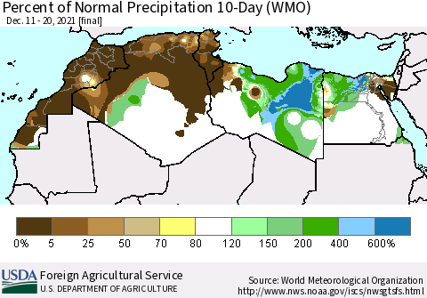 North Africa Percent of Normal Precipitation 10-Day (WMO) Thematic Map For 12/11/2021 - 12/20/2021