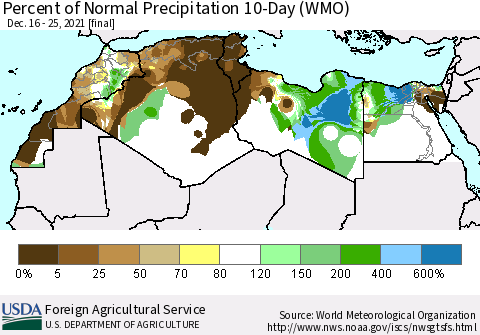 North Africa Percent of Normal Precipitation 10-Day (WMO) Thematic Map For 12/16/2021 - 12/25/2021