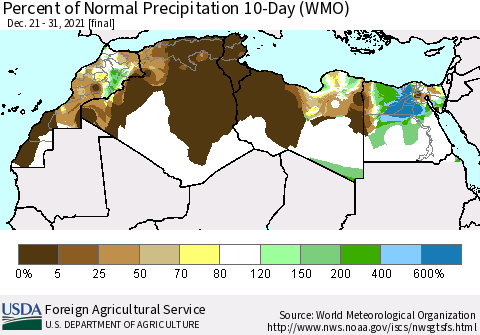 North Africa Percent of Normal Precipitation 10-Day (WMO) Thematic Map For 12/21/2021 - 12/31/2021