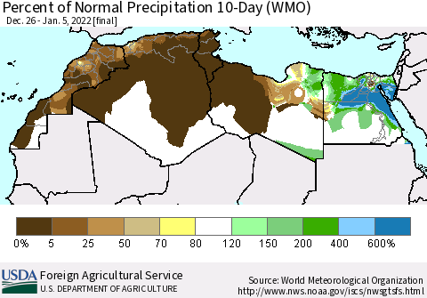 North Africa Percent of Normal Precipitation 10-Day (WMO) Thematic Map For 12/26/2021 - 1/5/2022