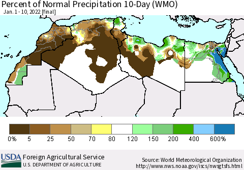North Africa Percent of Normal Precipitation 10-Day (WMO) Thematic Map For 1/1/2022 - 1/10/2022