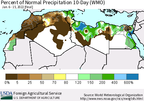 North Africa Percent of Normal Precipitation 10-Day (WMO) Thematic Map For 1/6/2022 - 1/15/2022