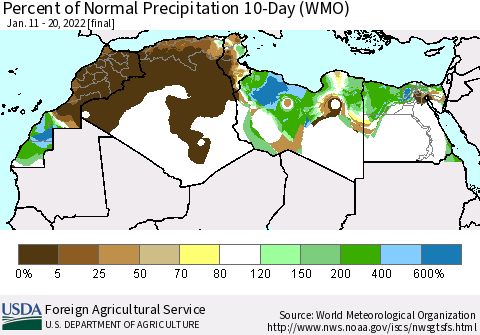 North Africa Percent of Normal Precipitation 10-Day (WMO) Thematic Map For 1/11/2022 - 1/20/2022