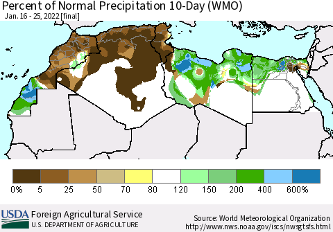 North Africa Percent of Normal Precipitation 10-Day (WMO) Thematic Map For 1/16/2022 - 1/25/2022