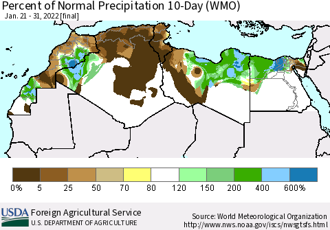 North Africa Percent of Normal Precipitation 10-Day (WMO) Thematic Map For 1/21/2022 - 1/31/2022