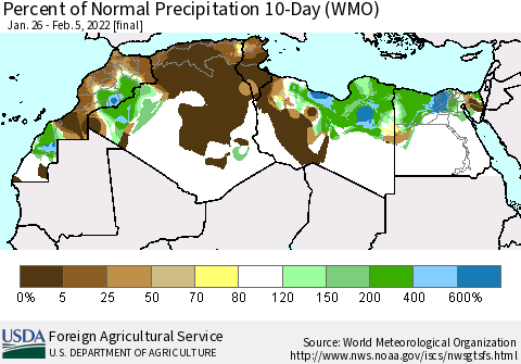 North Africa Percent of Normal Precipitation 10-Day (WMO) Thematic Map For 1/26/2022 - 2/5/2022