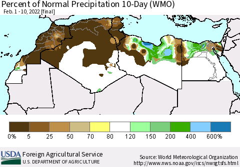 North Africa Percent of Normal Precipitation 10-Day (WMO) Thematic Map For 2/1/2022 - 2/10/2022