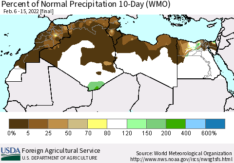 North Africa Percent of Normal Precipitation 10-Day (WMO) Thematic Map For 2/6/2022 - 2/15/2022