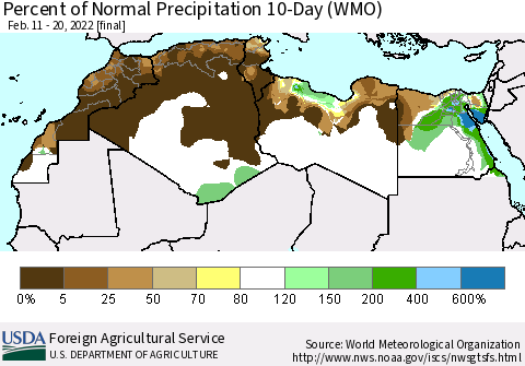 North Africa Percent of Normal Precipitation 10-Day (WMO) Thematic Map For 2/11/2022 - 2/20/2022