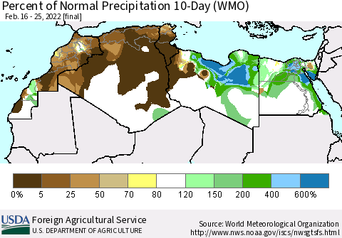 North Africa Percent of Normal Precipitation 10-Day (WMO) Thematic Map For 2/16/2022 - 2/25/2022