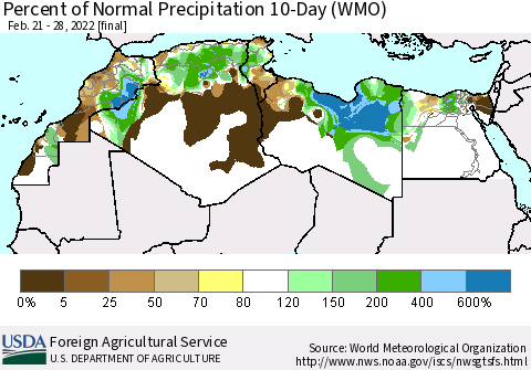 North Africa Percent of Normal Precipitation 10-Day (WMO) Thematic Map For 2/21/2022 - 2/28/2022