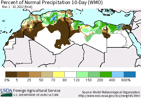 North Africa Percent of Normal Precipitation 10-Day (WMO) Thematic Map For 3/1/2022 - 3/10/2022