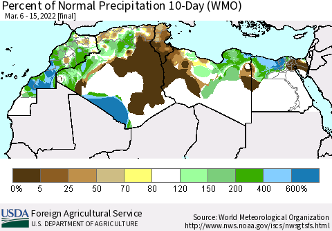 North Africa Percent of Normal Precipitation 10-Day (WMO) Thematic Map For 3/6/2022 - 3/15/2022