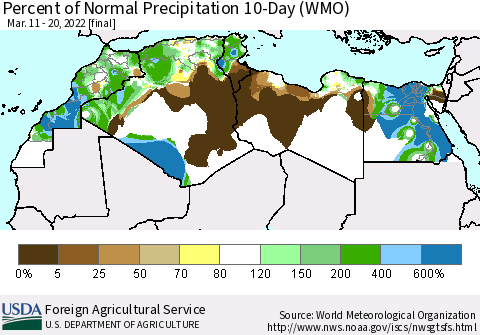 North Africa Percent of Normal Precipitation 10-Day (WMO) Thematic Map For 3/11/2022 - 3/20/2022
