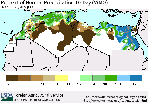 North Africa Percent of Normal Precipitation 10-Day (WMO) Thematic Map For 3/16/2022 - 3/25/2022